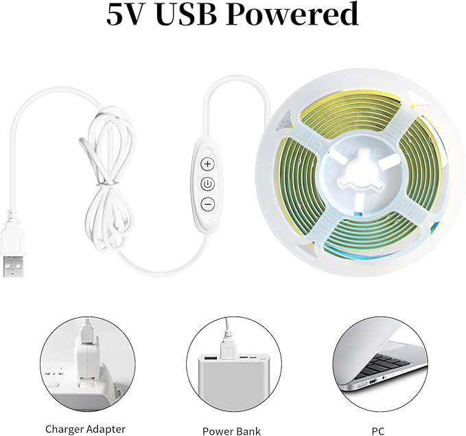 iNextStation USB COB LED Strip Light, 6.6ft 2M 5V 640LEDs 6000K Cold White USB LED Strips Dimmable CRI 93+ Flexible LED Tape Lights for TV Backlight, Under Cabinet, Mirror, Wardrobe, Home Decor