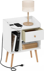 Furinno Claude Side Table, Mid Century End Table with Charging Station, Wooden Legs Night Stand, Bedside Table with USB and Type-C Charging Port, for Living Room, Bedroom, White