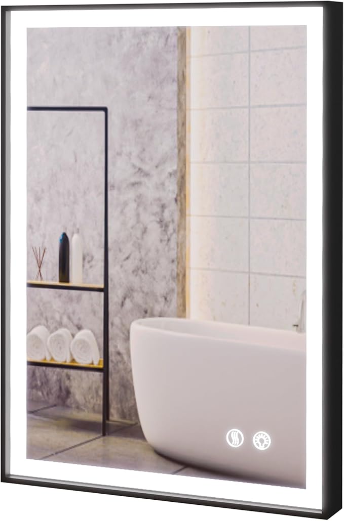 Fab Glass and Mirror LED Lighted Bathroom Mirror 20 x 30 Inch, Black Framed Wall Mounted Dimmable Vanity Mirror, Anti-Fog Touch Sensor, Adjustable Color Warm/White/Natural