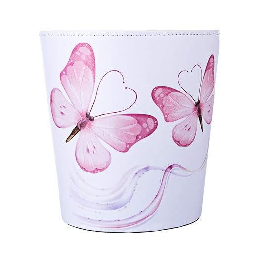 10L/2.64 Gallon PU Leather Trash Can Decorative Waterproof Wastebasket Paper Basket Garbage Bin for Home Office Bathroom - Pink Butterfly