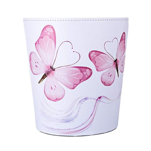 10L/2.64 Gallon PU Leather Trash Can Decorative Waterproof Wastebasket Paper Basket Garbage Bin for Home Office Bathroom - Pink Butterfly
