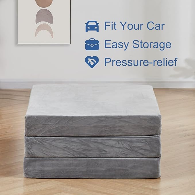 SINWEEK 4" Cot Memory Foam Folding Mattress with Storage Bag - Foldable Trifold Floor Bed Topper, CertiPUR-US Certified Guest Sleeping Pad, Machine Washable Cover