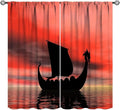 Viking Ship Curtains, Fantasy Ocean Vintage Sailboat at Sundown Nautical Themed Print Blackout Window Treatments for Boys Bedroom Living Room 84x84in