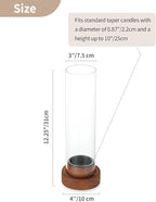 NUPTIO Dripless Taper Candle Holders with Wax Catchers: Set of 2 Hurricane Glass Candlestick Holders with Metal Bobeches for Easier Reuse - Brown Wood Modern Table Centerpiece for Outdoor Dinner