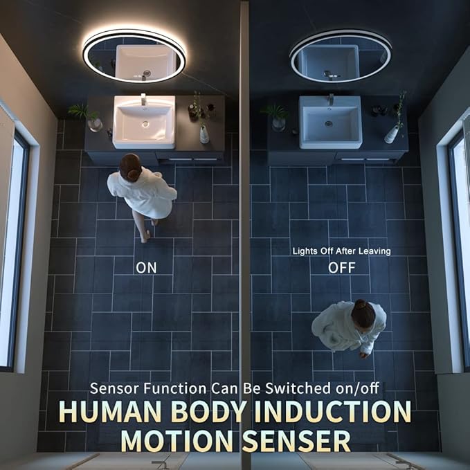 LED Sensor Mirror, Round Human Body Induction, Black Framed Vanity Mirror, Illuminated Dimmable Anti Fog IP44 Waterproof Wall Mounted Mirror (24" L x 24" W)