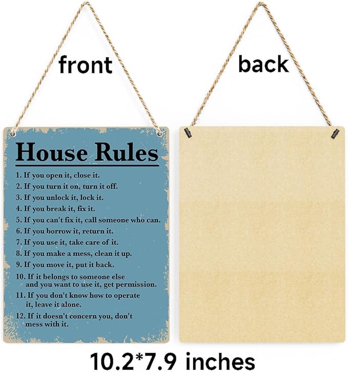 House Rules Wooden Hanging Sign, Farmhouse Living Room Home Decor Wall Art, Inspirational Family Quote, 8 x 10 Inches