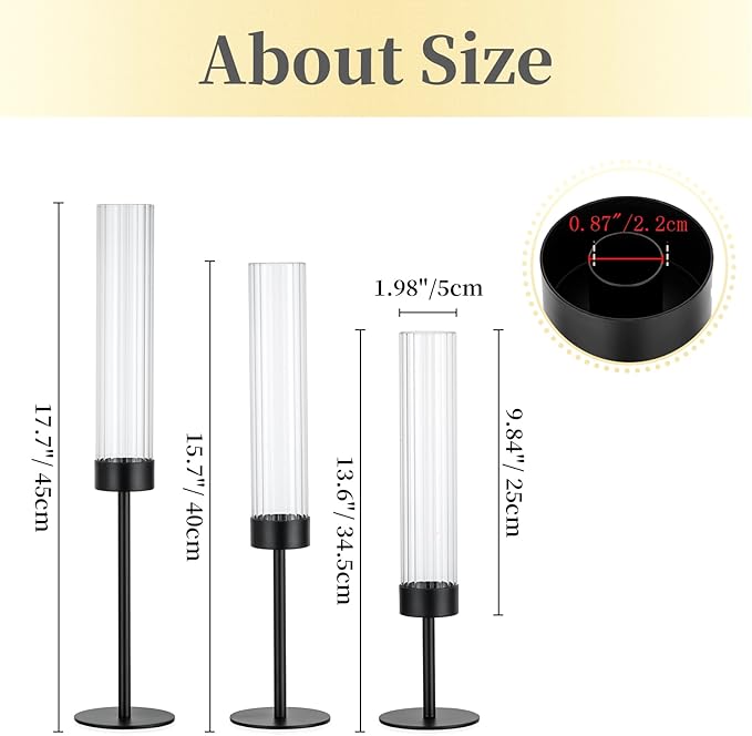 Hewory Black Taper Candle Holders: Candlestick Holders Set of 3 Hurricane Glass Tall Candle Holder for Candlesticks Candle Sticks Holder Decor for Table Centerpiece Wedding Party Christmas Decorations