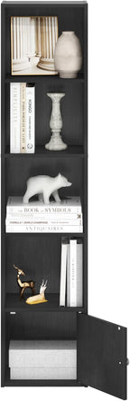 Furinno LUDER Book Shelf, 5-Tier Modern Bookshelf, Bookcase with 1 Door Storage Cabinet, 9.3" x 12" x 52", for Living Room, Bedroom, Home Office, Blackwood