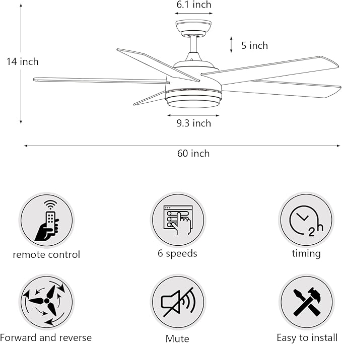 YUHAO 60 Inch Black Ceiling Fan with Light and Remote Control.Noiseless,Dimmable,3CCT,6 Speeds Reversible, DC Ceiling Fans for Indoor or Covered Outdoor