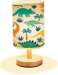 LOPYEIJFG Minimalist Bedside Table Lamp Hand Drawn Seamless with Dinosaurs and Tropical Leaves and Flowers Wood Nightstand Lamp Bedside Desk Lamp Wood Base Flaxen Fabric Shade for Bedroom Living Room