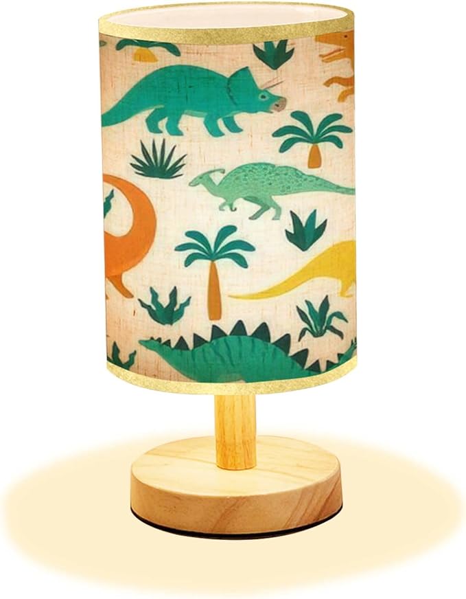 LOPYEIJFG Minimalist Bedside Table Lamp Hand Drawn Seamless with Dinosaurs and Tropical Leaves and Flowers Wood Nightstand Lamp Bedside Desk Lamp Wood Base Flaxen Fabric Shade for Bedroom Living Room