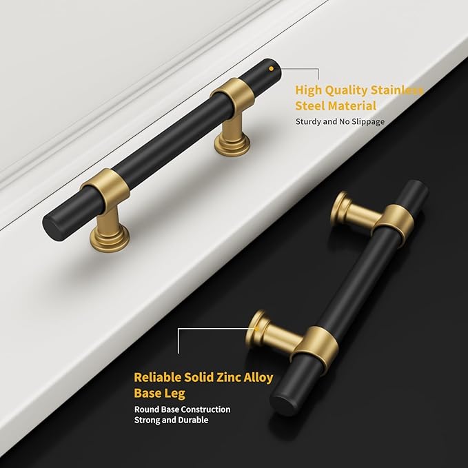 goldenwarm 10 Pack Black and Gold Cabinet Pulls 3-3/4 Inch Kitchen Cabinet Handles Black Kitchen Drawer Pulls for Dresser Bathroom Modern Hardware,Zinc Alloy Base
