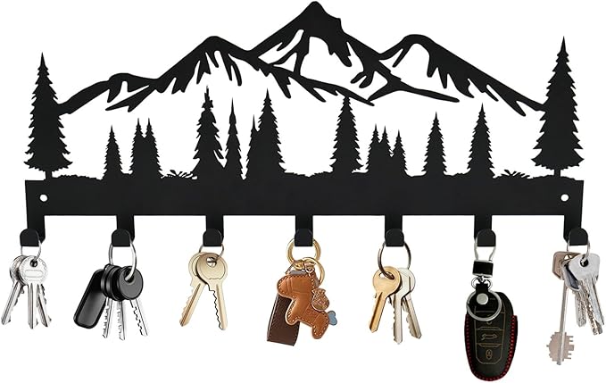 Key Holder for Wall, Metal Wall Hooks Organizer Rack with 7 Hooks for Keys, Coats, Bags – Decorative Home Decor for Entryway, Hallway, Kitchen, Living Room (12 Inches, Mountain)