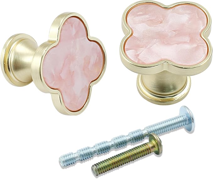 12 Pcs Four-Leaf Drawer Pulls Knobs, Gold Dresser Cabinet Knobs Pulls for Kitchen Cabinet Cupboard Door Furniture Decorative, Pink