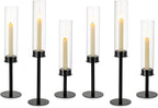 NUPTIO Hurricane Glass Candle Holders: 6 Pcs Black Metal Candlestick Tapered Holder with Clear Chimney Covers Bottomless Tall Modern Taper Candles Stick Cylinder Stand for Halloween Fireplace Decor