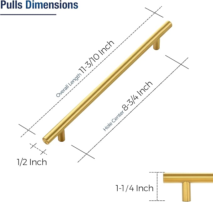 JOY DECOR 20 Pack Cabinet Handles, Gold Cabinet Pulls, 8-3/4 in Hole Center Kitchen Cabinet Handles, Stainless Steel T Bar Handles for Dresser Drawers