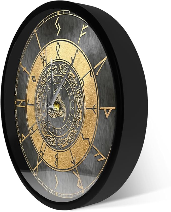 Triple Horn of Odin Decorative Wall Clock with Metal Frame, 12 Inch Viking Decor Nordic Sign Clock Scandinavic Mythology Celtic Rune Norse Pagan Clock Silent Movement Viking Gifts for Men