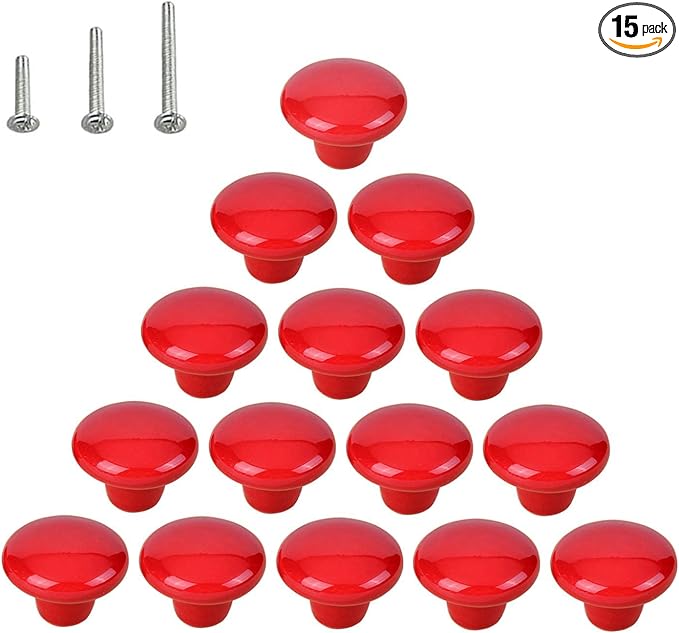 HUAMULAN 15PCS Red Glossy Ceramic Knobs Button Mushroom Round Cabinet Dresser Pulls Door Handles Cupboard Wardrobe Drawer, Dia. 1.5 inch 38mm