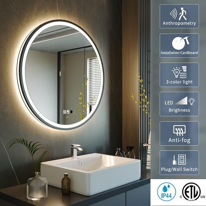 LED Sensor Mirror, Round Human Body Induction, Black Framed Vanity Mirror, Illuminated Dimmable Anti Fog IP44 Waterproof Wall Mounted Mirror (32" L x 32" W)