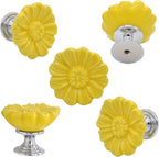 6PCS Vintage Floral Daisy Ceramic Dresser Drawer Knobs Elegant Cabinet Cupboard Door Hardware Pull Handles w/Screws Yellow