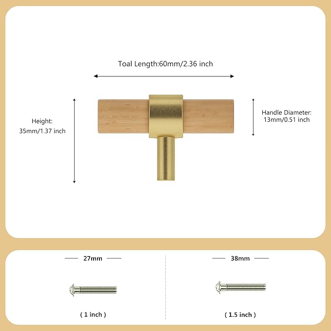 Wooden Drawer Pulls,10-Pack Beech Wood Drawer Handles Knobs,Suitable for Kitchen, Living Room, Bedroom, Bathroom and Other Scenes,Gold