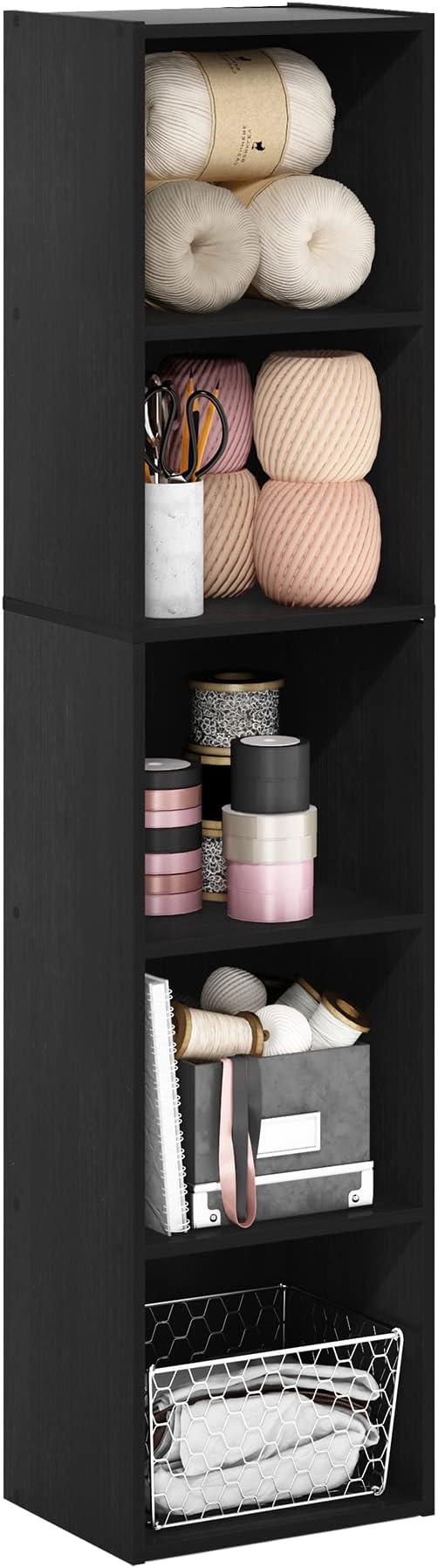 Furinno PASIR Book Shelf, 5-Tier Modern Bookshelf, Open Shelves Bookcase 9" x 12" x 52", for Living Room, Bedroom, Home Office, Blackwood