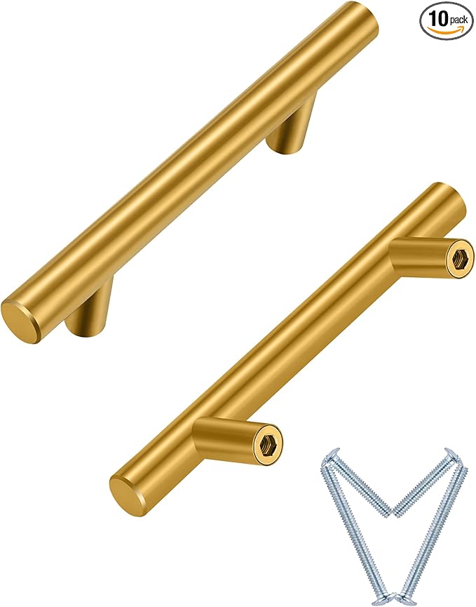 HBL' 10 Pack | 3'' Center to Center Brushed Gold Cabinet Pulls Kitchen Cabinet Handles,Made of Stainless Steel,Ideal for Cabinet,Drawer,Cupboard and Wardrobe.