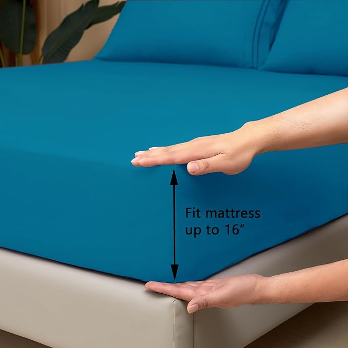 Mejoroom King Size Bed Sheet Set - Hotel Luxury 1800 Bedding Sheets & Pillowcases - 16" Deep Pocket Fitted Sheet, Soft, Breathable, Wrinkle & Fade Resistant - 4 Piece(King,Peacock Blue)