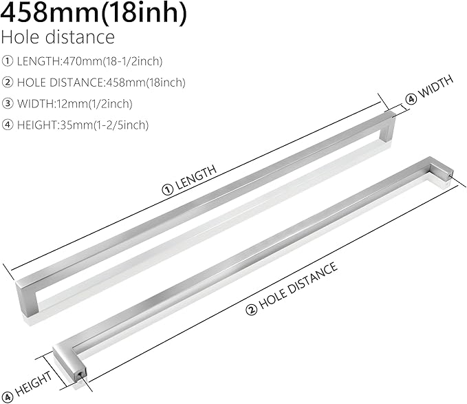 Cabinet Pulls Brushed Nickel Cabinet Handles Square Drawer Pulls, 2 Pack 18 Inch Stainless Steel Kitchen Door Cupboard Cabinet Handles, Cabinet Hardware Drawer Handles, 458mm Hole Centers