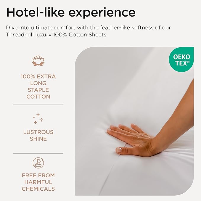 Threadmill Luxury 800 Thread Count 100% Cotton Sheets - Sateen Weave Twin XL Bed-Sheets, Better Than Egyptian Cotton,3 Pc Solid Bedding Set (Hotel White), Fits 15" Deep Pocket