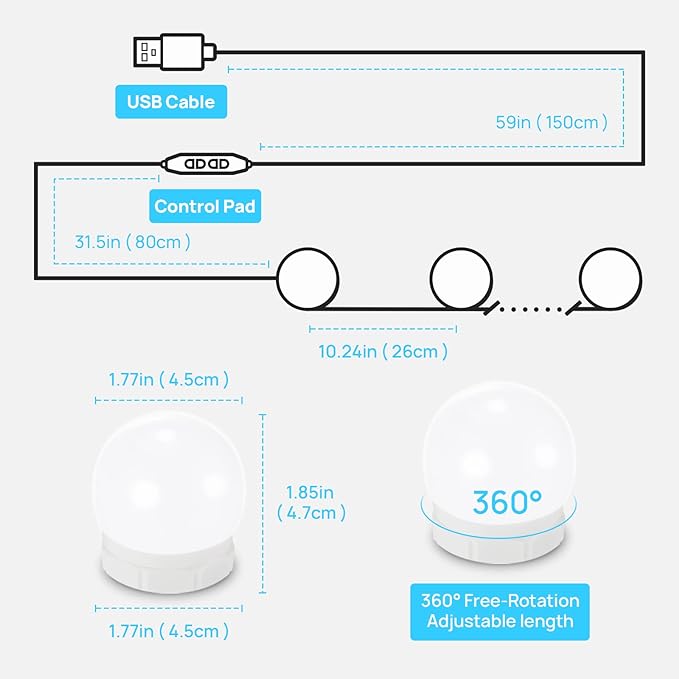 LED Vanity Lights For Mirror, Consciot Hollywood Style With 10 Dimmable Bulbs, Adjustable Color & Brightness, USB Cable, Stick on for Makeup Table Dressing Room Mirror