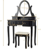 Giantex Vanity Table Set with 12 Lights Mirror, Bedroom Makeup Dressing Table with 360° Rotating Oval Mirror, 5 Drawers and Shelf, Modern Makeup Table with Cushioned Stool for Girls Women (Black)