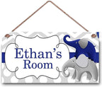 Personalized Cute Elephant Signs - Funny Cartoon Wall Decor for Kids Room, Girls Living Room, Boys Bedroom & Little Man Cave - Custom Name Wooden Sign