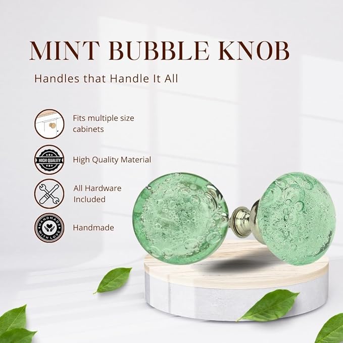 Perilla Home Set of 4 Bubble Knobs - Decorative Light Green Crystal Knobs - Glass Knob for Home Decor, Interior, Kitchen Cabinet, Hardware, Cupboard, Door, Dresser, Wardrobe and Drawer Pulls Handles