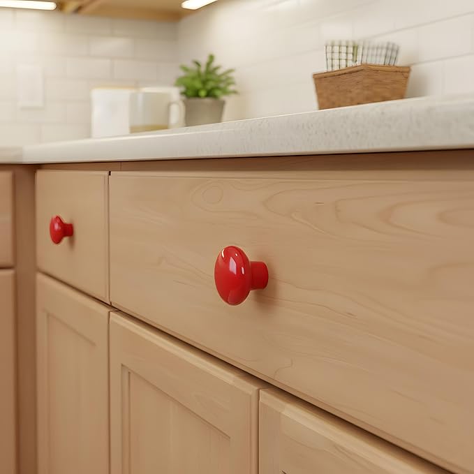 HUAMULAN 15PCS Red Glossy Ceramic Knobs Button Mushroom Round Cabinet Dresser Pulls Door Handles Cupboard Wardrobe Drawer, Dia. 1.5 inch 38mm