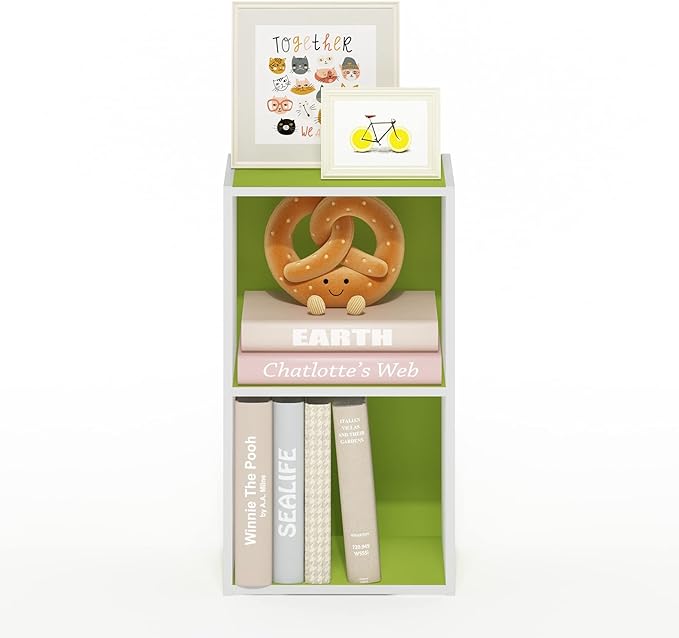 Furinno PASIR Book Shelf, 2-Tier Modern Bookshelf, Open Shelves Bookcase 9" x 12" x 21", for Living Room, Bedroom, Home Office, Green/White