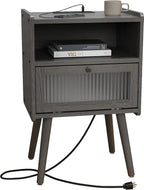 Mid Century Modern Nightstand with Charging Station, Bedside Tables with Glass Door, End Table Side Table with 2 Tiers Storage Space, for Bedroom, Living Room, Dark Grey