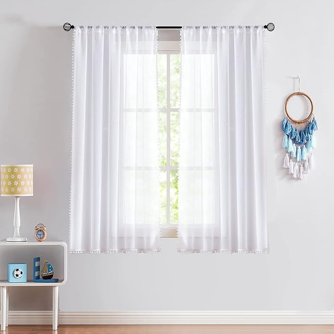 Treatmentex Pom Pom White Sheer Curtains for Living Room 63" Linen Texture Rod Pocket Window Sheers 52" w x 2 Panels, Rod Pocket Drapes