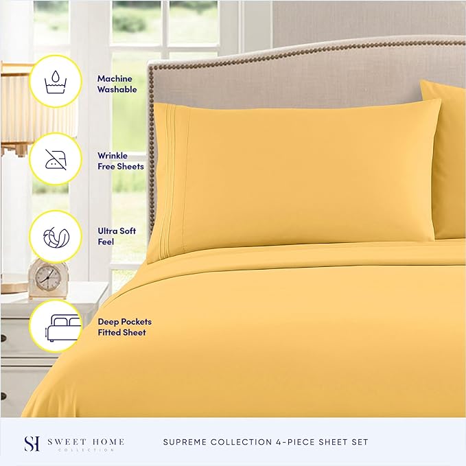 Queen Size Bed Sheets - Breathable Luxury Sheets with Full Elastic & Secure Corner Straps Built In - 1800 Supreme Collection Extra Soft Deep Pocket Bedding Set, Sheet Set, Queen,Yellow