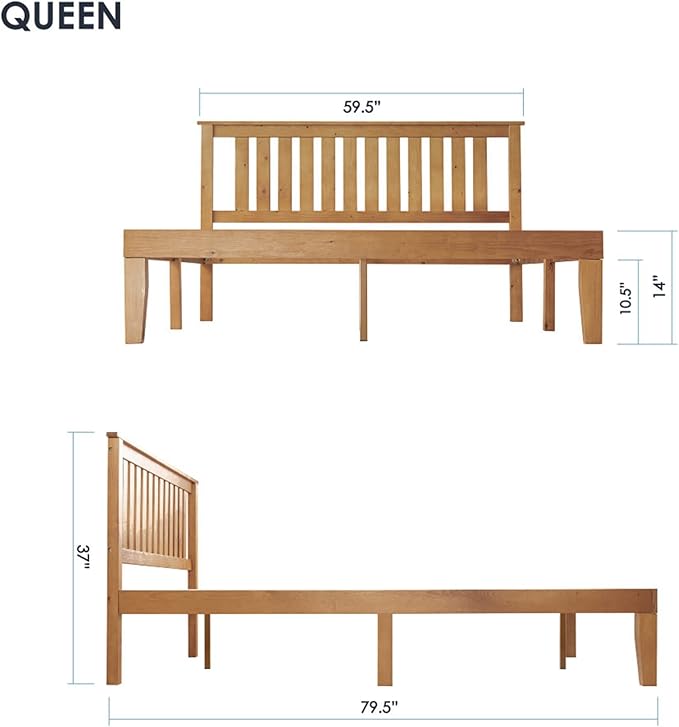 Mellow Marley 14 Inch Solid Wood Platform Bed with Paneled Headboard, Natural Pine, Queen