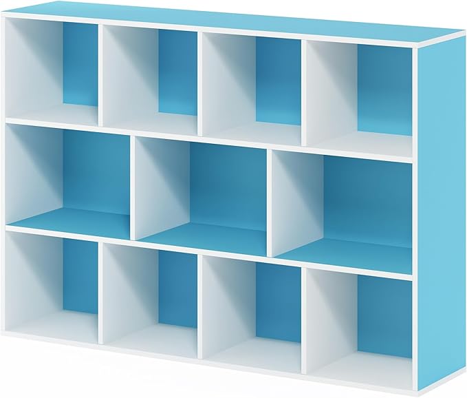 Furinno LUDER Book Shelf, 11-Cube Bookshelf, Reversible Bookcase, 9.4" x 29.1" x 41.7", for Living Room, Bedroom, Home Office, White/Light Blue