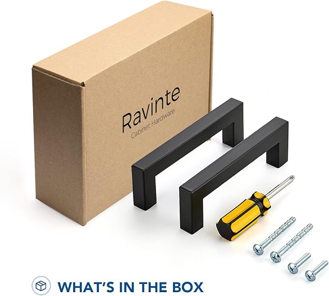 Ravinte 25 Pack Black Cabinet Pulls 4 Inch Square Kitchen Cabinet Handles Matte Black Kitchen Hardware for Drawer Pulls Drawer Handles Come with Screwdriver