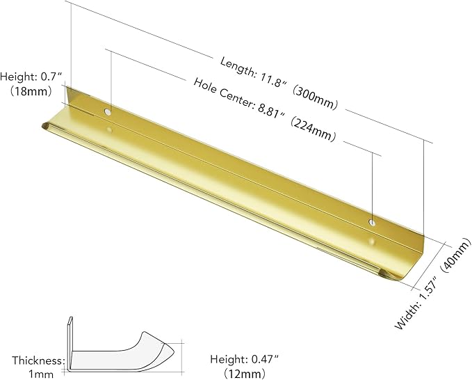 Ravinte Hardware 20 Pack Gold Cabinet Handles, 11.8 Inch (300mm) Finger Edge Pulls, 8.8 Inch Hole Center, Finger Pulls for Cabinets