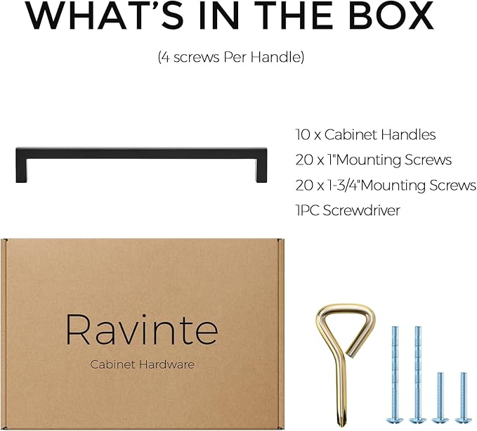 Ravinte 10 Pack Solid Kitchen Cabinet Handles Matte Balck Cabinet Pulls Slim Drawer Pulls with 7-1/2 Inch Hole Center Square Bar Kitchen Cabinet Hardware