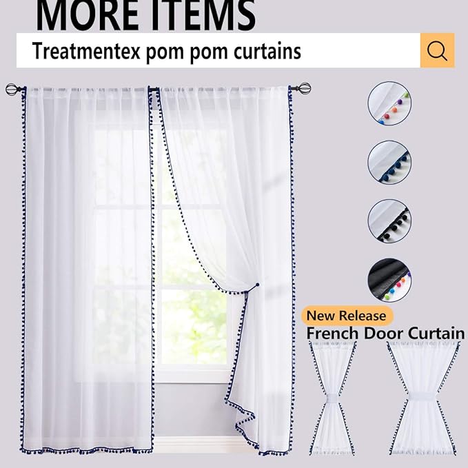 Treatmentex Pom Pom Yellow Sheer Curtains for Girl's Room 63" Linen Texture Voile Draperies for Bedroom 52" w 2 Pack