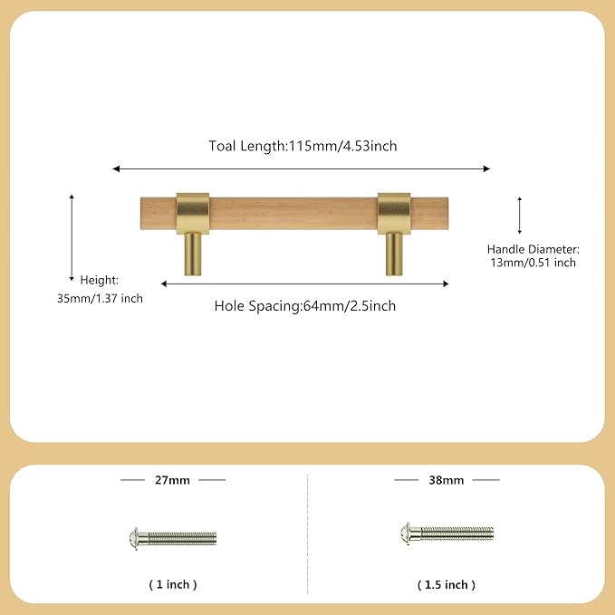 Wooden Drawer Pulls,6-Pack Beech Wood Drawer Handles 2.5in,Suitable for Kitchen, Living Room, Bedroom, Bathroom and Other Scenes,Gold