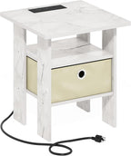 Furinno Andrey USB and Type-C Port Charging Station End Table with Storage Bin, 15.55 (W) x 12.56 (H) x 8.5 (D) inches, Marble White/Ivory
