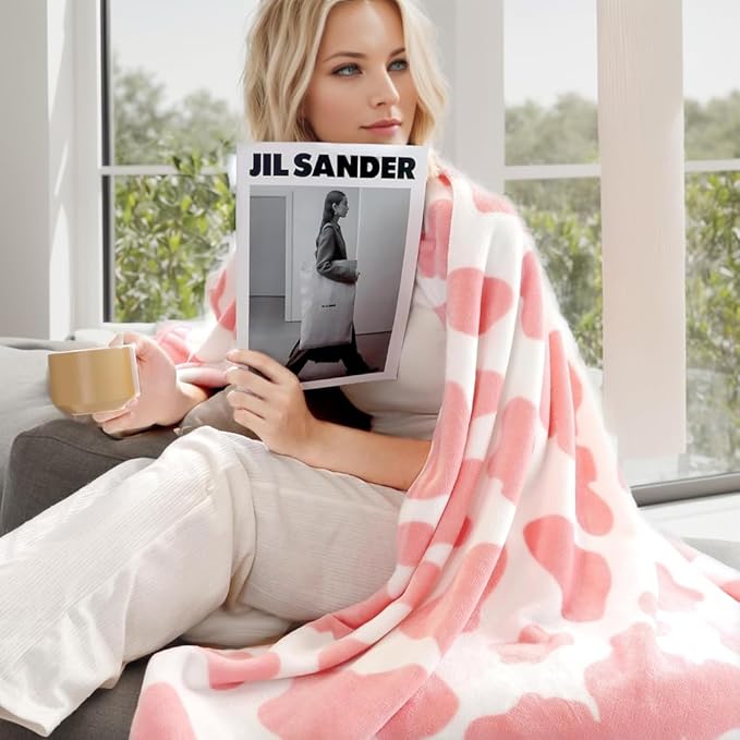 Fleece Cow Print Blanket for All Season - Premium Lightweight Anti-Static Pink and Ivory King Size Blankets Plush Gift for Daughter Mom, Bedroom Decor 90" x 108"(Pink Cow)