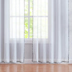 Treatmentex Pom-Pom Grey Sheer Curtains for Canopy in Girls Bedroom 84inches Long Linen Textured Sheer Drapes for Windows 2 pc