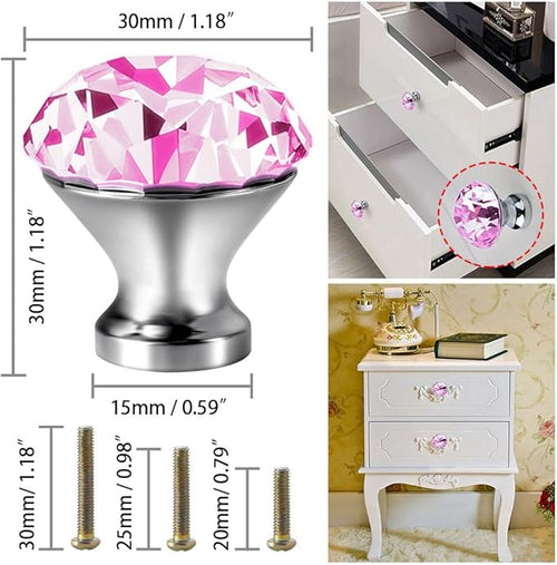 30mm Kitchen Cabinet Knobs Drawer Pull Handle Hardware, Crystal Clear Pink Glass Round Diamond Shape Dresser Closet Bi-fold Door Bathroom Cupboard Desk Nightstand Bookcase Furniture Drawer Knob, 12PCS